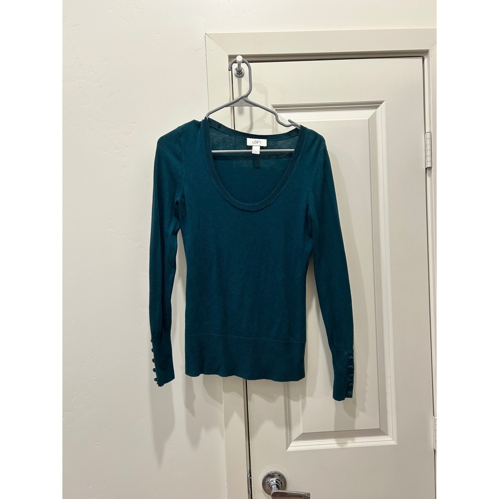 LOFT Women's XS Teal Green Long Sleeve Button Cuff Knit Sweater